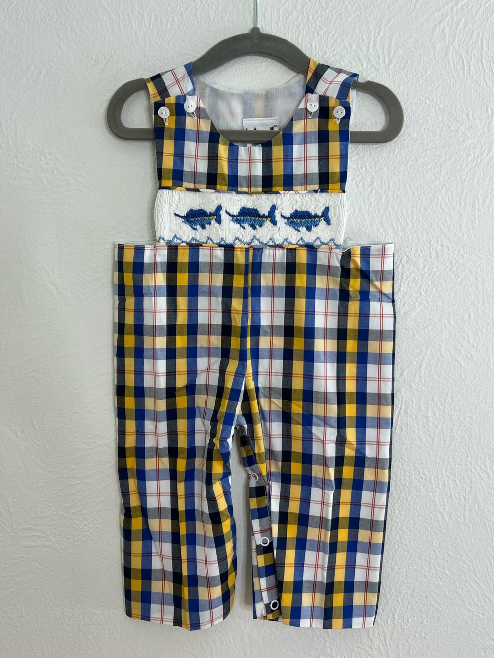 Babeeni NWT Plaid Smocked Baby Romper with Fish Embroidery size 9 Mo